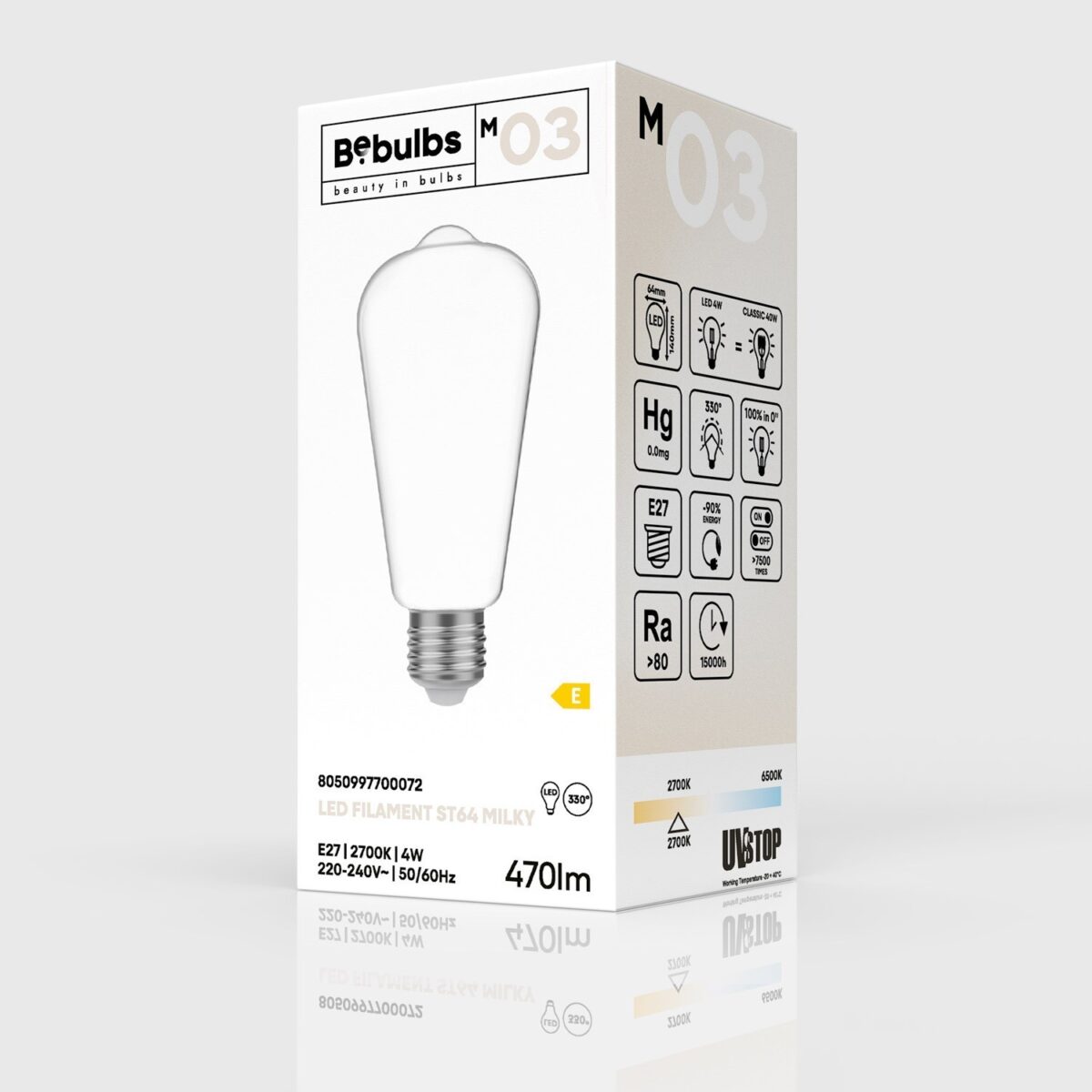 E27 Milky-White, Edison, Non-Dim, ST64 4W 470Lm 2700K - Bilde 4